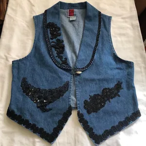 90s Vintage Embroidered navy blue jean denim vest black beading - a unique, western-inspired piece #westernvibes #countrychic #boho #indie Size M, Measurement in pics thumbnail 1