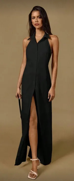 POÉSELLE Black Open Back Maxi Dress Size L Runs Small NWOT thumbnail 1