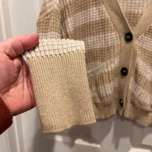 Evereve Large Kiki Cardigan Beige‎ Striped Waffle Knit Cotton Modal Sweater thumbnail 4