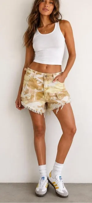 Free People Commander Cutoff Camo Raw Hem Cargo High Rise Shorts Desert Combo 12 thumbnail 1