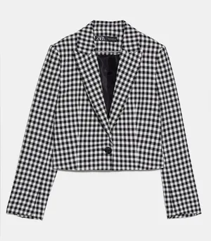 ZARA BLACK SINGLE BREASTED LAPEL COLLAR GINGHAM CROPPED BLAZER SIZE Med thumbnail 1