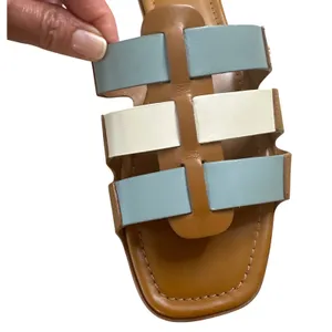 Tory Burch Ines Multi Strap Slides‎ Tan Blue White Leather Sandals 11 thumbnail 13
