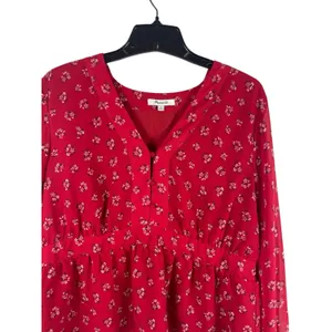 Madewell XL Red Ditsy Floral Babydoll Blouse Sheer Long Sleeve Boho Cottagecore thumbnail 2