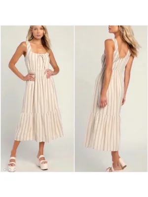 Lulu's Cream and Beige Striped Tie-Front Midi Dress size M thumbnail 2