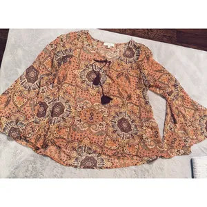 Love Fire Sheer Blouse Boho Fairy Gypsy Festival sz L peach‎ tassel neckline thumbnail 2