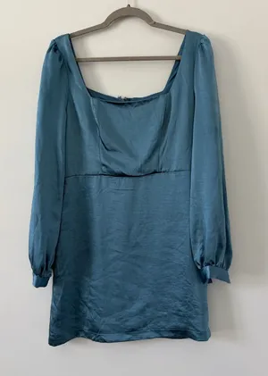 Lulu’s Got The Love Slate Blue Satin Square Neck Mini Long Sleeve Dress Medium thumbnail 1