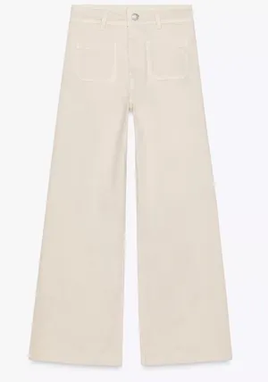 NWT Zara The Patch Pocket Wide Leg Jeans in Cream Size 6 thumbnail 1