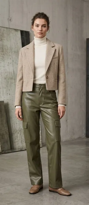 Abercrombie & Fitch Olive Green Faux-Leather Wide Leg Cargo Pants thumbnail 1