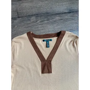 EUC Womens Lauren Ralph Lauren 100% cotton suede trim vneck‎ top size L thumbnail 6