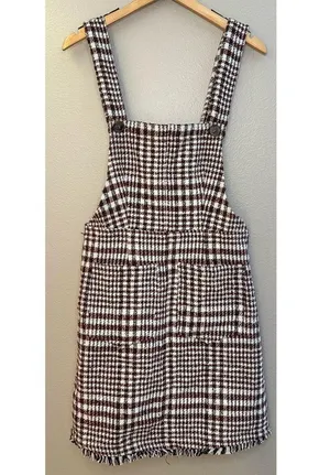 NWT Tea N Rose Brown and White Overall Houndstooth Pinafore Dress Raw Hem thumbnail 10