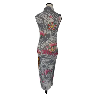 Ed Hardy Tattoo Tiger Mesh Maxi Dress Y2K Grunge Cyber Mock Neck Bodycon Size S thumbnail 4