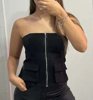 Black Strapless Corset Top Bustier w/ Front Zipper & Utility Pockets size small thumbnail 1