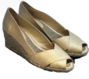 Lauren Ralph Lauren Cecilia Parchment Shantung‎ Espadrille Wedges Gold 9B Spain thumbnail 1