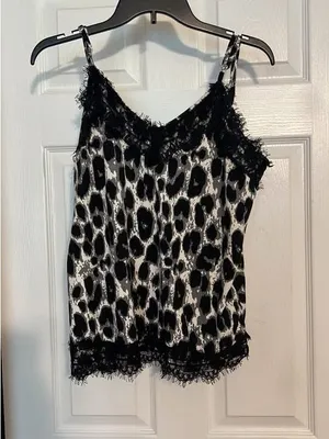 Lace-Trim Leopard Print Cami in Black and White thumbnail 2