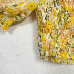 Astr Yellow Ditsy Floral Puff Sleeve Blouse Womens M Smocked Romantic Coquette thumbnail 3
