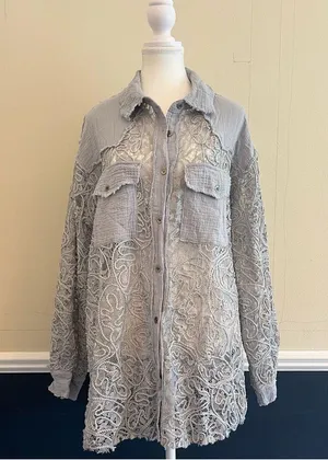 POL Oversized Lace Gauze Button Down Shirt Top Size Large thumbnail 4