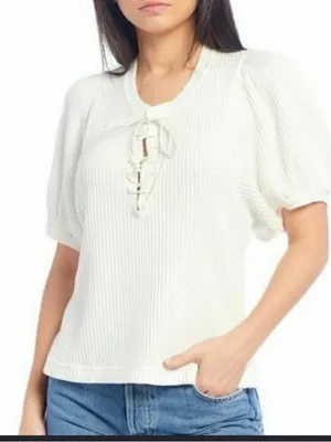 Free People Ivory Lace-Up Ribbed Short Sleeve Top thumbnail 1