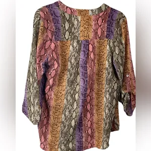 Entro Womens Multi Color Snakeskin‎ Striped Roll Tab Sleeve V-Neck Blouse Top thumbnail 5