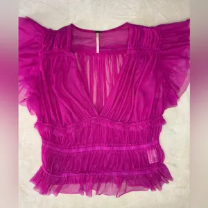 Free People Pink Ruffled Cap Sleeve Crop Blouse thumbnail 3