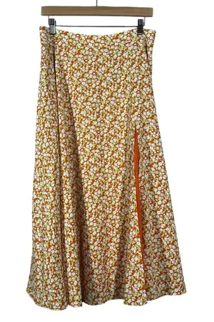 NWT Lulus Floral Print Midi Skirt Orange Green Boho Side Slit Size L thumbnail 1