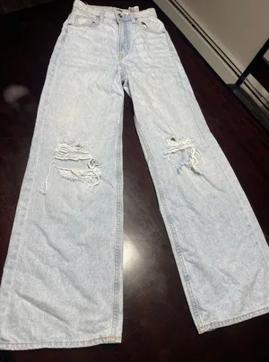 Vintage Light Wash Distressed Wide Leg Jeans Retro‎ Y2K Denim Pants T-11 thumbnail 1