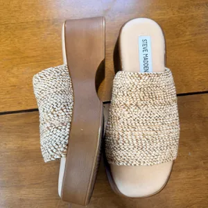 Steve Madden Raffia Platform Slide Sandals‎ Tan Woven Wedge size 37 Italy thumbnail 3