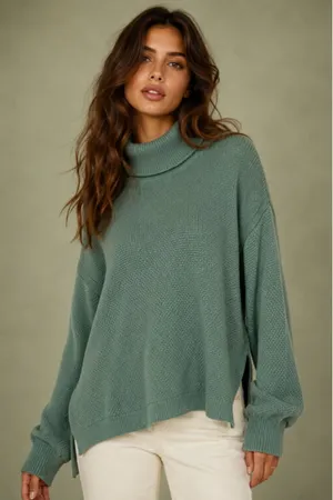 Free People FP Beach Cotton Turtleneck Sweater Sage Green Cozy Quiet Luxury Vaca Lounge Boho thumbnail 1
