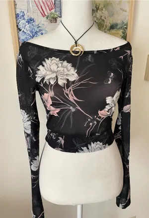 Victoria’s Secret Mesh Sheer Butterfly Black Floral Long Sleeve Top Whimsigoth thumbnail 1
