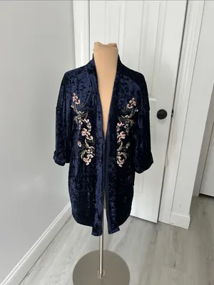 She + Sky Navy Crushed Velvet Embroidered Kimono thumbnail 2