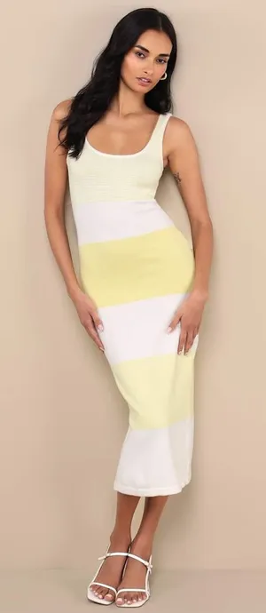 NWT Lulus Easily Gorgeous Ivory & Yellow Striped Midi Sweater Dress Casual Sz S thumbnail 1