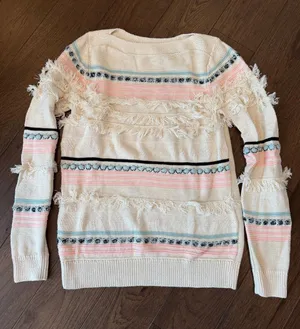 Loft Fringe Detail Cream Striped Women’s Sweater Size Small - C54-155 thumbnail 1