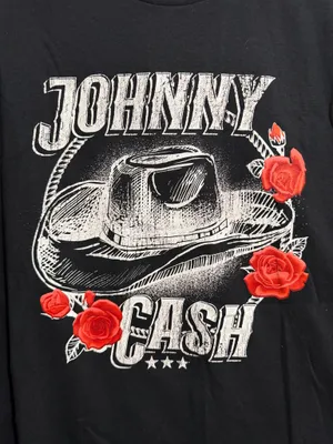 Johnny Cash Cowboy Hat and Roses Black Graphic T-Shirt thumbnail 2