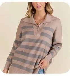 Pink Lily Pulling Heartstrings Taupe Striped Quarter Zip Pullover thumbnail 1