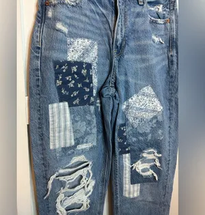 American Eagle Distressed Blue Patchwork Mom Straight Leg Jeans thumbnail 6