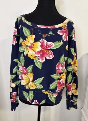 polo ralph Lauren women’s Floral Hibiscus Crop Sweatshirt Size Large Wide Neck thumbnail 1