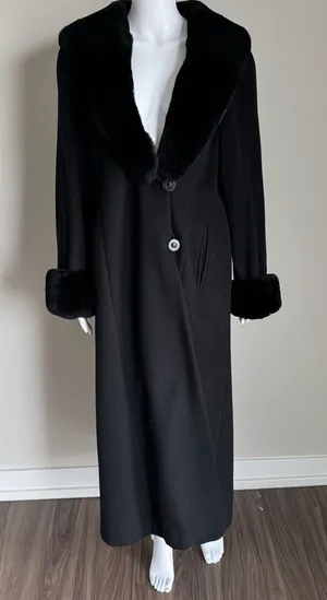 Women’s Outerwear Winter Black Fur Trim Cashmere Wool Long Coat Size M thumbnail 1