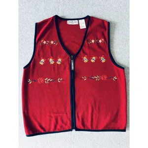 Vintage Erika Sport Womens Fleece Vest Red Embroidered Bells Holiday Christmas M thumbnail 3