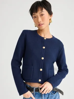 NWT J.Crew Emilie Sweater Lady Jacket in Navy Blue Cotton Knit Cardigan L thumbnail 1