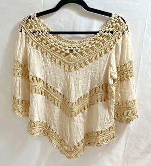 Papermoon Crop Top Women's Small Beige Macramé Style Cotton Style 3/4 Sleeves thumbnail 1