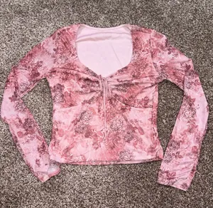 Y2K Pink Floral Mesh Long Sleeve Top Medium M tie Crop thumbnail 1