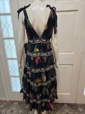 Farm Rio Tiered printed cotton-voile midi dress In Black Size Medium thumbnail 10