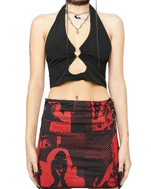 Edikted Tati Mini Mesh Skirt Adjustable Lace-Up Goth Steetwear Red Black Medium thumbnail 1