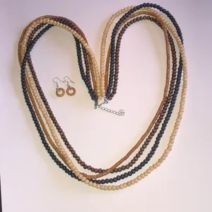 Multi-Strand Beaded Necklace and Hoop Earrings - Brown, Black, Cream thumbnail 2