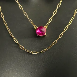 Gold tone layered hot pink gemstone pendant necklace thumbnail 2