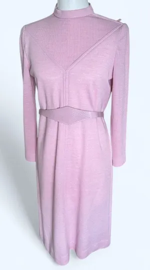 Vintage 70s Pink Sweater Dress Knit Mock Neck Sheath Retro Soft Girl Size 12 P thumbnail 1