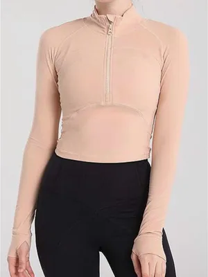 Amazon Slim Fit Yoga Half Zip Top Tan Pink Size S thumbnail 1