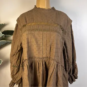 Anthropologie Pilcro Long Sleeve Mock Neck Dress Sz M Lace Loose Brown Swiss Dot thumbnail 2