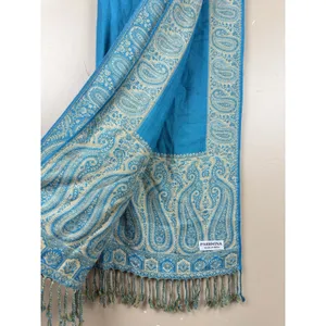 Pashmina Blue Paisley-Patterned Reversible Woven Wrap Fringed Shawl thumbnail 10