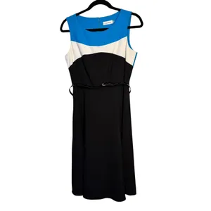 Calvin Klein Color Block‎ Sheath Dress Sleeveless Career Belted Blue Black thumbnail 2