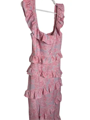🌸 Show‎ Me Your Mumu Ruffle Floral Midi Dress Pink Blue Made in USA Size L 🌸 thumbnail 3